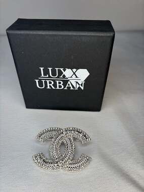 Silver Textured Crystal CC Logo Brooch Pin